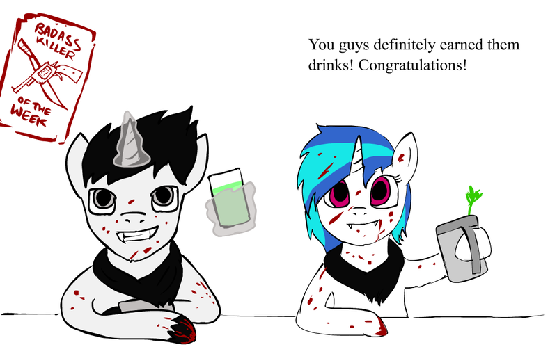 Size: 1150x750 | Tagged: semi-grimdark, artist:glue123, derpibooru import, vinyl scratch, oc, oc:ace spade, pony, unicorn, vampire, ask one-eyed lola, fallout equestria, atomic cocktail, bandana, bar, blood, blood stains, bloody mary, fangs, female, glasses, glowing horn, hooves, horn, levitation, magic, mare, pipbuck, sunglasses, teeth, telekinesis, text, vinyl the vampire