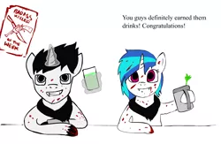 Size: 1150x750 | Tagged: semi-grimdark, artist:glue123, derpibooru import, vinyl scratch, oc, oc:ace spade, pony, unicorn, vampire, ask one-eyed lola, fallout equestria, atomic cocktail, bandana, bar, blood, blood stains, bloody mary, fangs, female, glasses, glowing horn, hooves, horn, levitation, magic, mare, pipbuck, sunglasses, teeth, telekinesis, text, vinyl the vampire