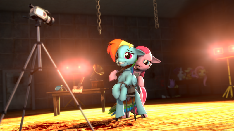 Size: 1920x1080 | Tagged: semi-grimdark, artist:d0ntst0pme, derpibooru import, applejack, fluttershy, pinkie pie, rainbow dash, rarity, twilight sparkle, earth pony, pegasus, pony, unicorn, fanfic:cupcakes, 3d, blood, bondage, bound, bound wings, camcorder, crying, dashabuse, dead, decapitated, female, gmod, gramophone, knife, mane six, mare, not sfm, pinkamena diane pie, severed head, sitting, torture