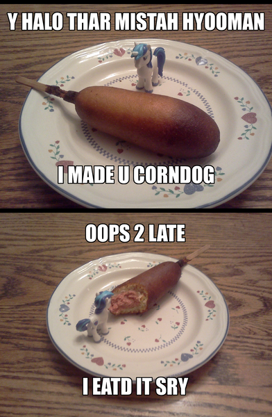 Size: 1600x2449 | Tagged: blind bag, but i eated it, corndog, derpibooru import, husbando dinner, image macro, irl, lolcat, lolspeak, meme, photo, safe, shining armor, toy, waifu dinner