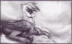 Size: 1680x1033 | Tagged: safe, artist:bantha, derpibooru import, gilda, gryphon, cloud, cloudy, female, grayscale, image, looking down, monochrome, on a cloud, paw pads, paws, png, prone, smiling, solo