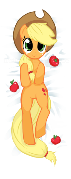 Size: 472x1181 | Tagged: safe, artist:fluffyducky-plushie, derpibooru import, applejack, earth pony, pony, apple, body pillow, body pillow design, cute, female, jackabetes, mare, obligatory apple, on back, solo