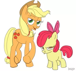 Size: 703x663 | Tagged: apple bloom, applejack, artist:hajuya, derpibooru import, safe, simple background