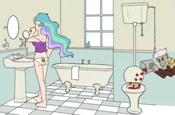 Size: 1741x1147 | Tagged: bathroom, breasts, buttcrack, cherry bombs, clothes, cutie mark underwear, derpibooru import, discord, human, humanized, imminent explosion, midriff, panties, prank, princess celestia, suggestive, tanktop, this will end in tears and/or a journey to the moon, this will not end well, underwear