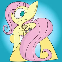 Size: 1024x1024 | Tagged: safe, artist:mr. rottson, derpibooru import, fluttershy, blue background, empty eyes, gradient background, looking back, no catchlights, no pupils, raised hoof, sidemouth, simple background, solo, strategically covered, tail censor