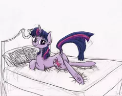 Size: 2845x2227 | Tagged: artist:pwnyville, bed, book, derpibooru import, dock, looking at you, looking back, messy hair, plot, prone, raised tail, reading, safe, smiling, solo, sploot, the fresh prince of bel-air, twilight sparkle, underhoof