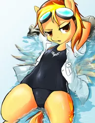 Size: 1024x1325 | Tagged: artist:d-lowell, belly button, breasts, chestbreasts, clothes, cutie mark, delicious flat chest, derpibooru import, female, goggles, looking at you, one-piece swimsuit, open clothes, open shirt, school swimsuit, semi-anthro, shirt, solo, solo female, spitfire, suggestive, sukumizu, swimsuit, wet mane, wingboner
