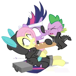 Size: 900x900 | Tagged: safe, artist:dm29, derpibooru import, fluttershy, spike, twilight sparkle, dragon, pegasus, pony, unicorn, baguette, bunny ears, context is for the weak, dangerous mission outfit, eyepatch, female, future twilight, male, mare, simple background, suitcase, transparent background, trio