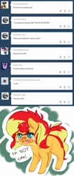 Size: 500x1177 | Tagged: safe, artist:luxjii, derpibooru import, sunset shimmer, pony, unicorn, ask filly sunset shimmer, ask, blatant lies, blushing, crying, cute, filly, filly sunset shimmer, glare, glasses, i'm not cute, open mouth, solo, tumblr, younger