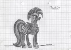 Size: 821x571 | Tagged: artist:petunedrop, derpibooru import, graph paper, monochrome, oc, oc:skylight, royal guard, safe, solo, traditional art, unofficial characters only