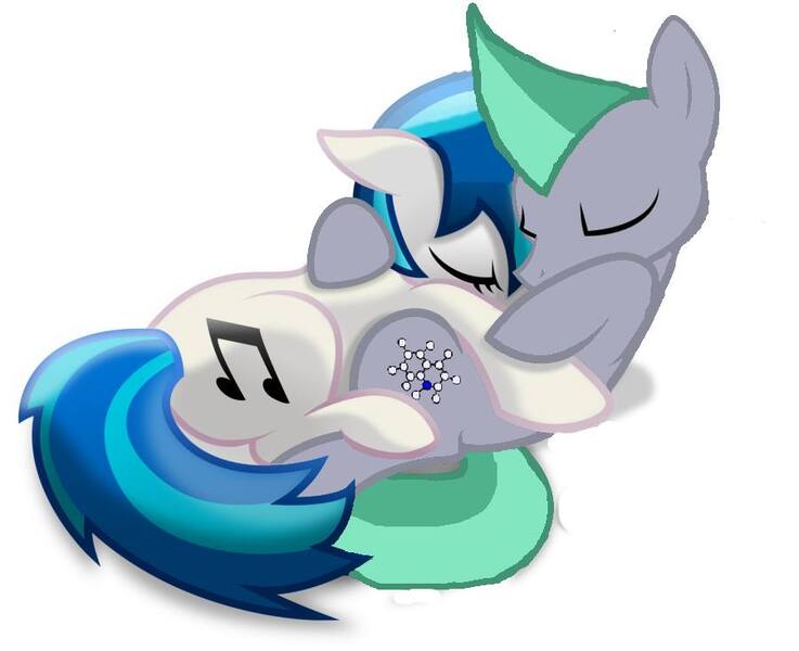 Size: 900x733 | Tagged: safe, artist:calicopikachu, derpibooru import, vinyl scratch, oc, canon x oc, cuddling, eyes closed, female, hug, male, on back, on top, prone, recolor, shipping, sleeping, snuggling, straight, trace