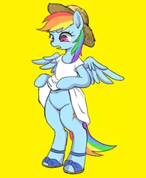 Size: 600x732 | Tagged: suggestive, artist:susu, derpibooru import, rainbow dash, pegasus, pony, semi-anthro, bipedal, clothes, dress, female, hat, mare, rainbow dash always dresses in style, sandals, shoes, simple background, skirt, skirt lift, solo, straw hat