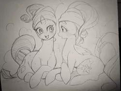 Size: 1024x768 | Tagged: artist:naoki, derpibooru import, fluttershy, grayscale, monochrome, rarity, safe, spa, towel