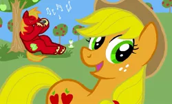 Size: 785x474 | Tagged: artist needed, source needed, safe, derpibooru import, applejack, big macintosh, earth pony, pony, apple, harmonica, male, musical instrument, stallion, tree