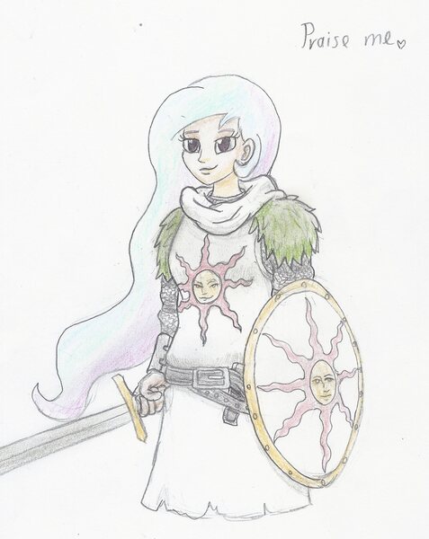 Size: 1639x2060 | Tagged: artist:sensko, crossover, dark souls, derpibooru import, human, humanized, narcissism, pencil drawing, praise the sun, princess celestia, safe, solaire of astora, source needed, traditional art