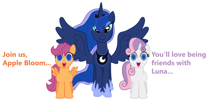 Size: 3222x1557 | Tagged: artist:vincentthecrow, assimilation, derpibooru import, hilarious in hindsight, mind control, princess luna, safe, scootaloo, simple background, sweetie belle, vtc's wacky vectors