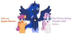 Size: 3222x1557 | Tagged: safe, artist:vincentthecrow, derpibooru import, princess luna, scootaloo, sweetie belle, alicorn, pegasus, pony, unicorn, for whom the sweetie belle toils, g4, sleepless in ponyville, assimilation, cute, cutealoo, diasweetes, ethereal mane, happy trance, hilarious in hindsight, hoof shoes, horn, hypnosis, hypnotized, image, implied apple bloom, looking at you, mind control, my little pony, png, simple background, spread wings, starry mane, starry tail, tail, trio, vtc's wacky vectors, wings