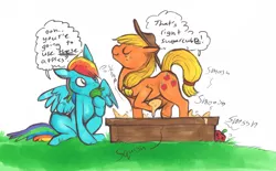 Size: 1275x793 | Tagged: apple, applejack, artist needed, derpibooru import, rainbow dash, safe, source needed, stomping