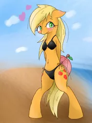 Size: 480x640 | Tagged: suggestive, artist:azurepicker, derpibooru import, applejack, earth pony, pony, beach, belly button, bikini, bipedal, breasts, clothes, female, solo, solo female, swimsuit