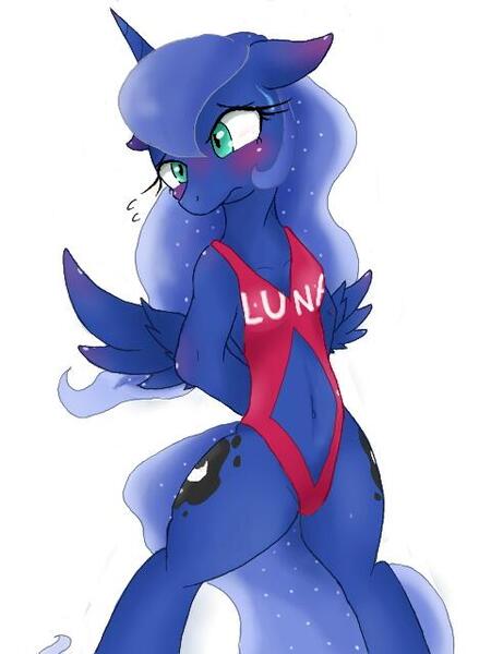 Size: 480x640 | Tagged: alicorn, anthro, artist:azurepicker, belly button, bipedal, blushing, both cutie marks, breasts, clothes, delicious flat chest, derpibooru import, female, navel cutout, one-piece swimsuit, princess luna, semi-anthro, simple background, solo, suggestive, swimsuit, white background