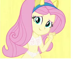 Size: 1344x1088 | Tagged: suggestive, derpibooru import, edit, fluttershy, equestria girls, equestria girls (movie), belly button, bra, breasts, clothes, panties, pink underwear, polka dot underwear, smiling, solo, underwear, underwear edit