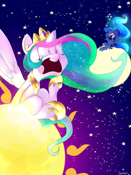 Size: 1000x1333 | Tagged: safe, artist:tofutiles, derpibooru import, princess celestia, princess luna, alicorn, pony, butt fire, crying, cute, cutelestia, fire, laughing, moon, open mouth, screaming, sitting, stars, sun, sunburn, tangible heavenly object