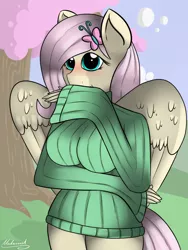 Size: 1500x2000 | Tagged: anthro, artist:malamol, blushing, bottomless, breasts, busty fluttershy, clothes, derpibooru import, female, fluttershy, hairclip, long sleeves, solo, solo female, suggestive, sweater, sweatershy, turtleneck