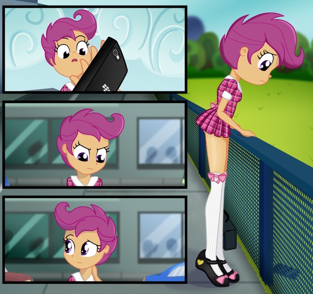 Size: 1280x1205 | Tagged: safe, artist:ohohokapi, deleted from derpibooru, derpibooru import, scootaloo, equestria girls, blackberry, bowtie, clothes, fence, image, jpeg, kneesocks, mary janes, miniskirt, school uniform, schoolgirl, short dress, skirt, socks, thigh highs, tomboy taming