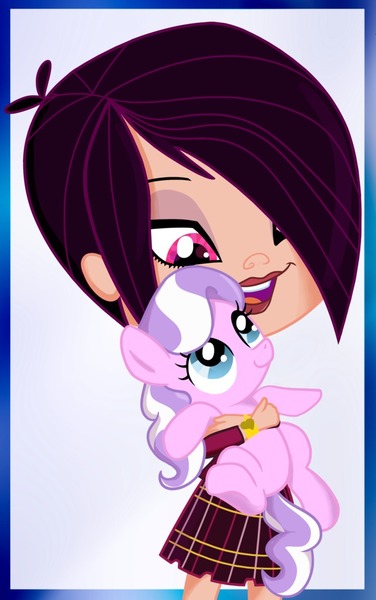 Size: 640x1022 | Tagged: safe, artist:ohohokapi, deleted from derpibooru, derpibooru import, diamond tiara, pony, callie, crossover, hair over one eye, holding a pony, hp, littlest pet shop, whittany biskit