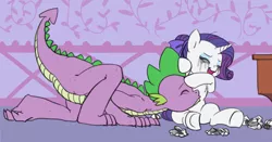 Size: 1221x640 | Tagged: safe, artist:carnifex, derpibooru import, rarity, spike, female, male, older, older spike, raspberry, running makeup, shipping, sparity, story included, straight, tickling, tissue, tummy buzz