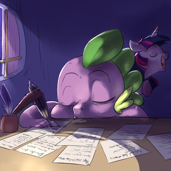 Size: 1024x1024 | Tagged: artist:imsokyo, daily sleeping spike, derpibooru import, headdesk, letter, oblivious, paper, quill, safe, sleeping, spike, taxes, tumblr, twilight sparkle, window