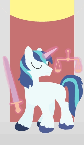 Size: 825x1425 | Tagged: safe, artist:poisonedpirate, derpibooru import, shining armor, pony, unicorn, colored hooves, eyes closed, glowing horn, hooves, horn, levitation, lineless, magic, male, missing cutie mark, solo, stallion, sword, tarot card, telekinesis, weapon