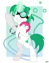 Size: 717x929 | Tagged: safe, artist:immortaltanuki, derpibooru import, ponified, unicorn, doctor, dr. insano, glowing horn, goggles, lightly watermarked, pet, scientist, smiling, solo, standing, the spoony experiment, watermark