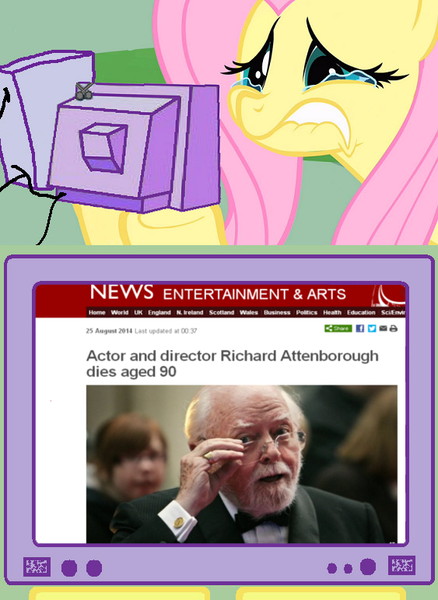 Size: 563x771 | Tagged: actor, bbc, derpibooru import, director, exploitable meme, fluttercry, fluttershy, meme, news, obituary, obligatory pony, rest in peace, richard attenborough, safe, tv meme