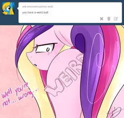 Size: 1280x1221 | Tagged: alicorn, artist:sugarberry, ask, ask-cadance, butt, covering, derpibooru import, eyelashes, frown, horn, lovebutt, multicolor hair, pink background, plot, princess cadance, safe, signature, simple background, solo, tail covering, tumblr