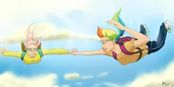 Size: 2400x1200 | Tagged: air ponyville, artist:captainpudgemuffin, derpibooru import, falling, fluttershy, holding hands, human, humanized, parachute, rainbow dash, safe, skydiving