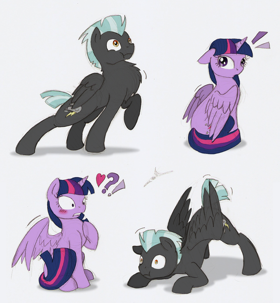 Size: 1280x1387 | Tagged: safe, artist:ravenpuff, deleted from derpibooru, derpibooru import, thunderlane, twilight sparkle, twilight sparkle (alicorn), alicorn, pegasus, pony, :o, :t, behaving like a bird, blushing, chest fluff, confused, courtship, cute, dancing, exclamation point, eyes on the prize, face down ass up, female, floppy ears, fluffy, funny, gray background, gritted teeth, heart, interrobang, lip bite, looking back, male, mare, mating dance, open mouth, peacocking, pose, puffy cheeks, question mark, raised hoof, shipping, shrunken pupils, simple background, spread wings, straight, thunderbetes, twilane, wide eyes, wingboner