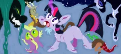 Size: 1280x571 | Tagged: artist:sugaryboogary, derpibooru import, discord, nightmare moon, queen chrysalis, safe, spike, twilight sparkle