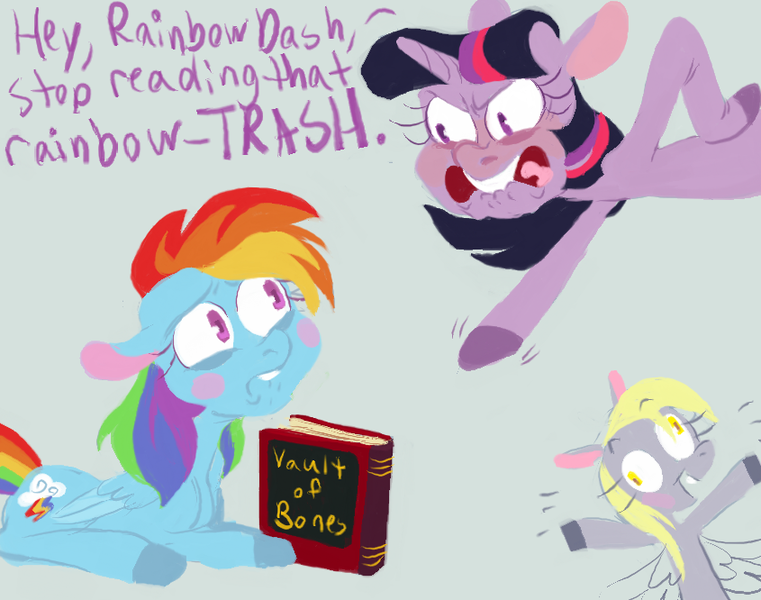 Size: 845x666 | Tagged: safe, artist:sugaryboogary, derpibooru import, derpy hooves, rainbow dash, twilight sparkle, pegasus, pony, book, dialogue, female, hilarious in hindsight, mare, rainbow trash