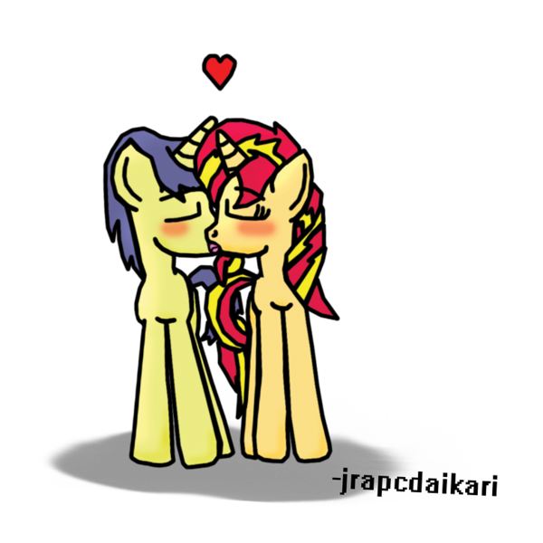 Size: 782x782 | Tagged: safe, artist:jrapcdaikari, derpibooru import, comet tail, sunset shimmer, pony, cometshimmer, female, heart, kissing, male, request, shipping, straight