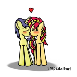 Size: 782x782 | Tagged: safe, artist:jrapcdaikari, derpibooru import, comet tail, sunset shimmer, pony, cometshimmer, female, heart, kissing, male, request, shipping, straight