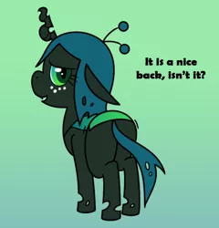 Size: 608x633 | Tagged: artist:syggie, ask the changeling princess, bugbutt, butt, changeling, changeling queen, cute, cutealis, derpibooru import, dialogue, female, freckles, looking at you, nymph, plot, princess chrysalis, queen chrysalis, safe, smiling, standing, tumblr, younger