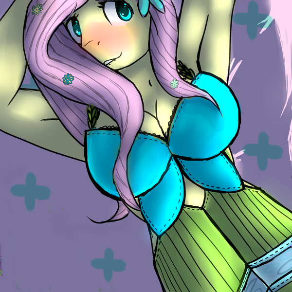 Size: 3000x3000 | Tagged: anthro, armpits, artist:loyalsongbird, blushing, breasts, busty fluttershy, clothes, derpibooru import, dress, female, fluttershy, gala dress, lip bite, lying down, on back, solo, suggestive