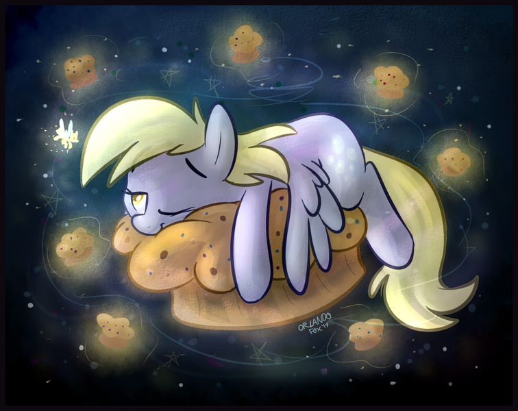 Size: 1001x794 | Tagged: safe, artist:thedoggygal, derpibooru import, derpy hooves, pegasus, pony, cute, female, mare, muffin, night, resting, sky, sleeping, solo, that pony sure does love muffins