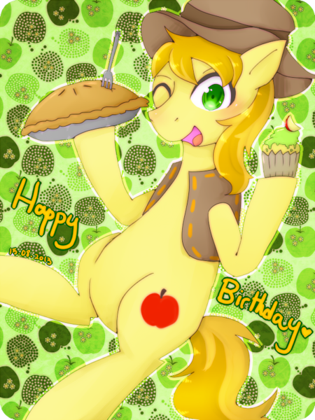 Size: 600x800 | Tagged: safe, artist:divided-s, derpibooru import, braeburn, apple pie, cupcake, pixiv, solo