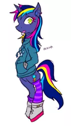 Size: 667x1180 | Tagged: safe, artist:divided-s, derpibooru import, oc, oc:luminous neon, unofficial characters only, pony, bipedal, clothes, pixiv, socks, solo, striped socks