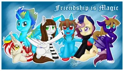 Size: 800x457 | Tagged: safe, artist:unisoleil, derpibooru import, oc, oc:fleshka, oc:lannie lona, oc:midnight sunset, oc:skyler, oc:skystorm, oc:spark, unofficial characters only, bat pony, pony, beatnik, beret, clothes, group photo, scarf, sweater, turtleneck