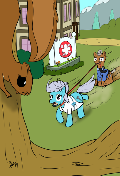 Size: 1700x2500 | Tagged: artist:halflingpony, derpibooru import, dragging, hospital, hospital gown, leash, safe, screw loose, security officer, squirrel