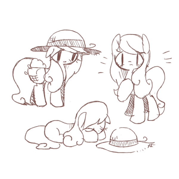 Size: 1400x1400 | Tagged: safe, artist:wasu, derpibooru import, carrot top, golden harvest, earth pony, pony, basket, cute, cutie top, eyes closed, female, floppy ears, hat, looking down, mare, monochrome, pixiv, prone, sad, saddle bag, sadorable, simple background, sketch, solo, surprised, white background, wide eyes