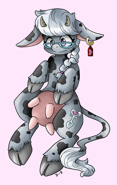 Size: 2219x3508 | Tagged: artist:sk-ree, cloven hooves, cow, cowified, derpibooru import, ear tag, female, glasses, safe, silver moo, silver spoon, simple background, solo, species swap, udder